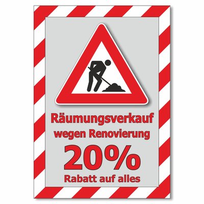 Plakat Rumungsverkauf wegen Renovierung - 20% Rabatt auf alles
