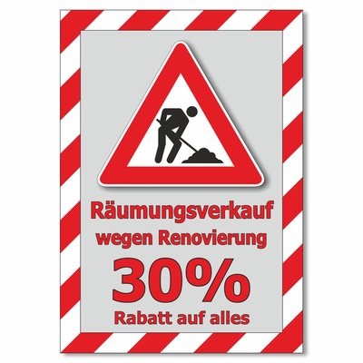 Plakat Rumungsverkauf wegen Renovierung - 30% Rabatt auf alles