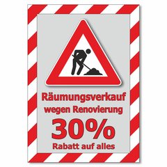 Plakat Rumungsverkauf wegen Renovierung - 30% Rabatt auf...