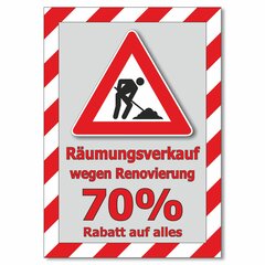 Plakat Rumungsverkauf wegen Renovierung - 70% Rabatt auf...