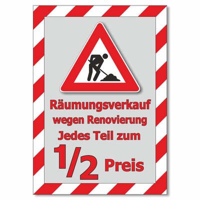 Plakat Rumungsverkauf wegen Renovierung - Jedes Teil zum halben Preis